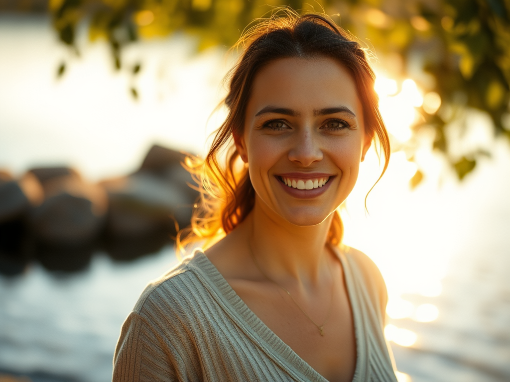 calm-smiling-woman-outside-near-water-in-the-dappled-morning